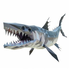 Fototapeta premium 3D Render, Low Poly style of a predatory barracuda with sharp teeth and streamlined body, on isolated white background, Generative AI