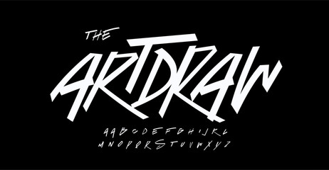 Graffiti alphabet, dynamic sharp lines letters. Youth font for painted writing on walls for urban, street art projects, bright expressive titles or logos. Vector typeset.