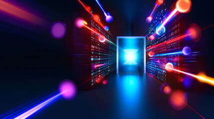 Abstract futuristic server room with glowing lights and a door leading to a bright future.