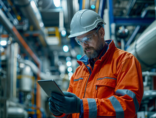 Worker in orange uniform with a hard hat, in a storage room looking at a tablet. Occupational Health and Safety worker in a bright orange Personal protective equipment 