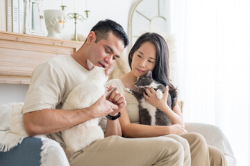 In Selangor, Malaysia, long-haired Chinese Malaysian woman and muscular Indian Malaysian man couple sitting on sofa in stylish room with Asian-inspired furniture, playing with black and white cat.