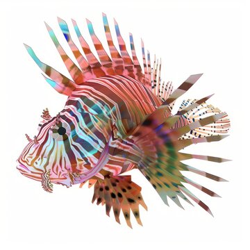 recommend clip art: 3D Render, Low Poly style of an exotic lionfish with spiky fins and vibrant colors, on isolated white background, Generative AI