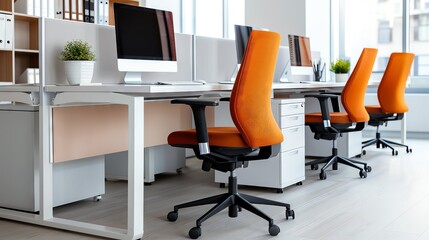 Modern office interior with orange chairs and computers.  Clean, bright workspace.