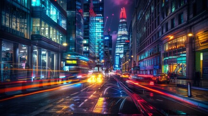 Fototapeta premium Vibrant city street at night with colorful lights and blurred traffic. Urban lights add a magical feel. Skyscrapers punctuate the night. Beautiful view.