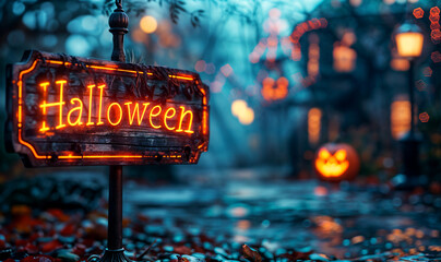 spooky Halloween neon sign wallpaper with copy space, dark moody scene in the evening with scary decoration and horror vibes