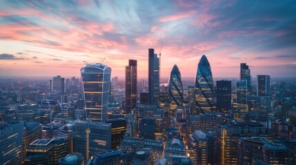 Obraz premium Stunning aerial view of modern city skyline at sunset with skyscrapers and colorful sky