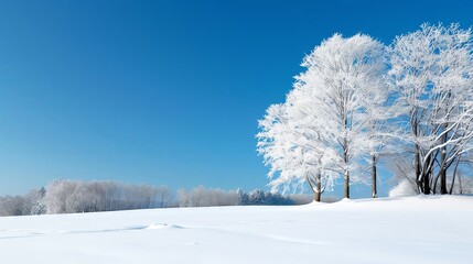 Fototapeta premium Snowy field with a group of trees covered in frost under a clear blue sky.