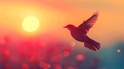 Fototapeta premium A bird flying against a vibrant sunset backdrop, capturing the beauty of nature and freedom. Perfect for inspirational and serene themes.