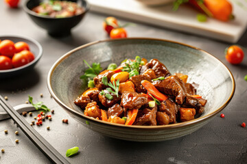 Fototapeta premium plate of braised mutton. AI generative.