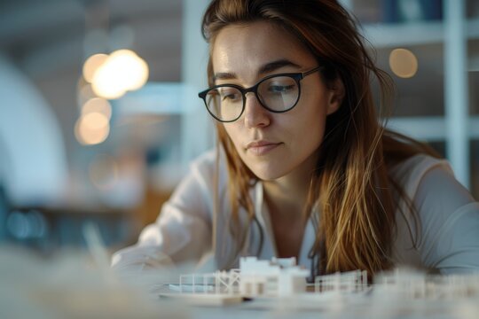 Female Architect Using Digital Tools on Tablet for Precise 3D Building Model Adjustments in Modern Architecture