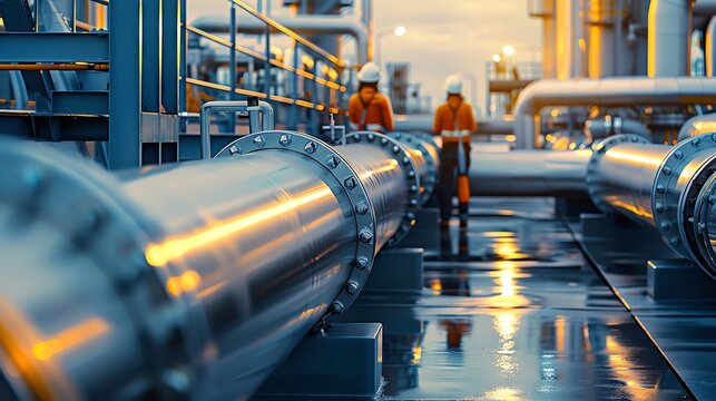 Two workers inspect large pipes at an industrial plant. The setting sun casts a warm glow on the scene.