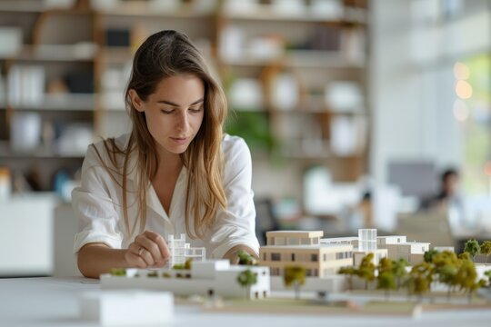 Precision and Creativity: Female Architect Designing 3D Building Model in Sleek Office