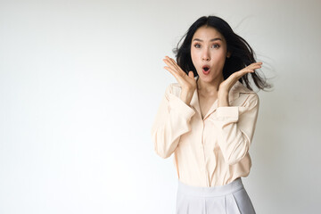 Fototapeta premium excited asian woman shouting wow with surprised facial expression, isolated background