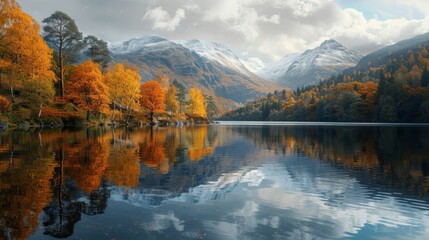 Obraz premium Serene autumn landscape with orange trees, calm lake, and snowy mountain reflection