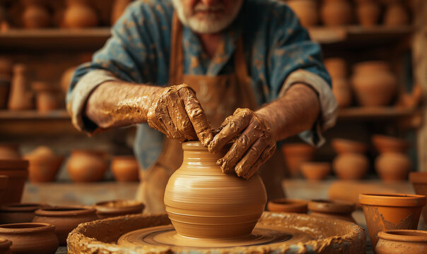 hands of a potter, old man making a vase on a pottery wheel, workshop demonstration 