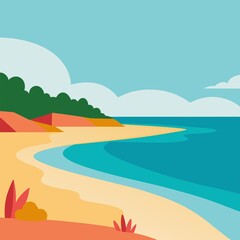 Fototapeta premium Coastal Landscape With Lush Green Trees And Sandy Shore