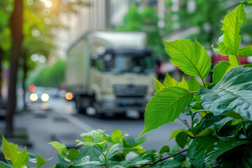 Transport of goods in ecological truck, sustainable conceptual design with natural leaves. Ai generated.