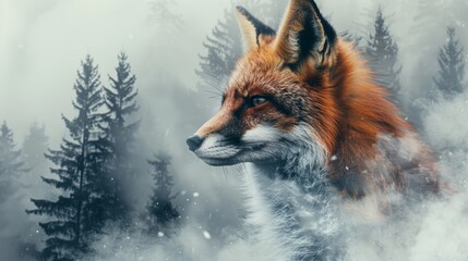 A majestic fox stands amidst a misty forest backdrop, capturing the beauty of nature and wildlife in a serene winter setting.