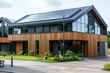 Fototapeta premium Eco house with sun solar panels energy on a roof modern home