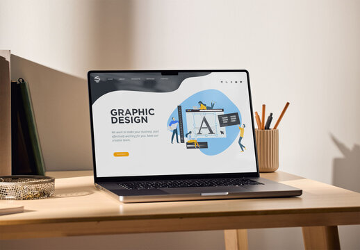 Mockup Of Customized Laptop In Home Office