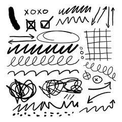 Rayas de garabato de carb&oacute;n vegetal, n&uacute;meros a mano alzada, flechas de &eacute;nfasis, gafas de doodle dibujadas a mano, ara&ntilde;azos de garrapatas de garrapatas o de roscas de garrapatas. Ilustraci&oacute;n vectorial 