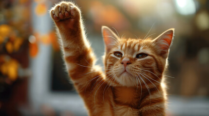 Fototapeta premium Charming ginger cat with a contemplative expression, raising its paw amidst a blurred autumn background, glowing in the soft sunlight
