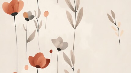 Elegant minimalistic floral pattern with abstract flowers and leaves in soft earthy tones, perfect for decor and design projects.