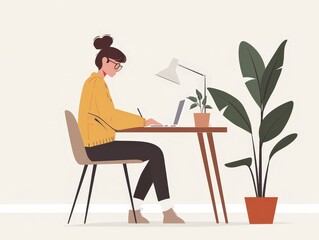 Fototapeta premium Successful Teacher Reviewing Midterm Exams with Joyful Satisfaction in Minimalist Documentary Style
