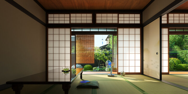 爽やかな朝日が差し込む夏の日本家屋の和室 / 夏休み・帰省・田舎の実家・昭和レトロなロケーションイメージ / 3Dレンダリング