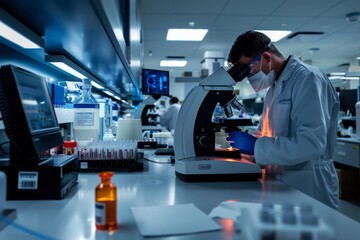 A scientist in a lab coat and protective gear uses a state-of-the-art microscope to examine CaDs in a modern biomedical laboratory
