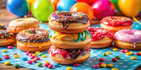 Colorful assorted donuts stacked high on a vibrant tablecloth surrounded by balloons and confetti, creating a sweet and playful dessert party atmosphere.