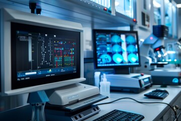 A contemporary lab features an automated DNA sequencer with advanced technology, surrounded by sleek equipment displaying data on a monitor