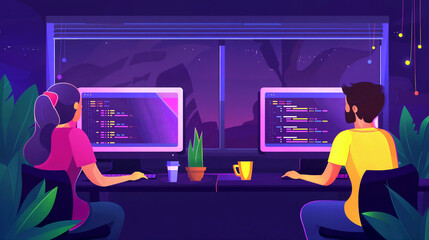 Young Caucasian Man and Asian Woman Working Late at Night on Programming Projects, Illuminated by Their Computer Screens