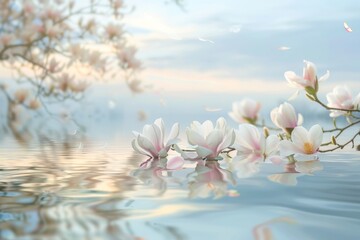 A serene lakeside scene with a magnolia branch adorned with delicate white blossoms, gently floating on the water's surface