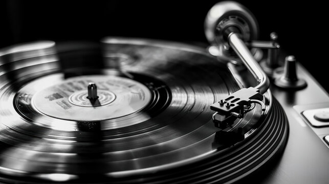 gros plan sur une platine vinyle futuriste et sa t&ecirc;te de lecture - noir et blanc
