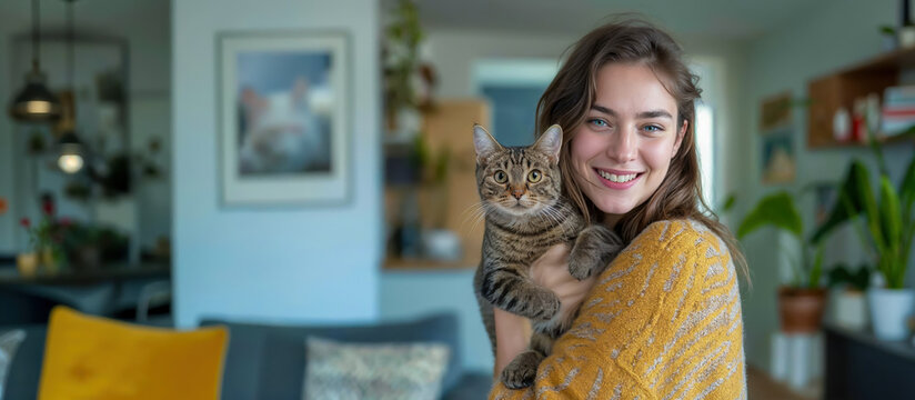 une femme souriante qui porte un chat dans ses bras, pet sitter 