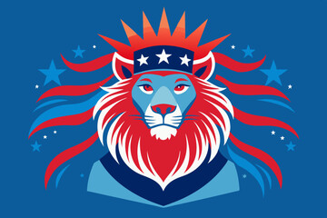 A T-shirt design featuring a regal lion with a flowing mane designed to resemble the American flag. Integrating elements like fireworks or the Statue of Liberty's crown