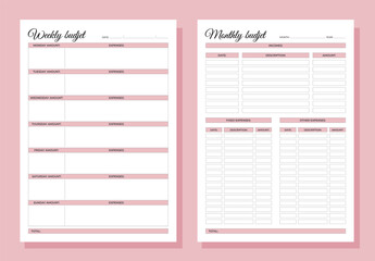 Planners set. Weekly and monthly budjet. Blank white notebook page A4.