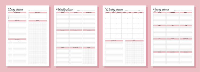 Planners set. Daily, weekly, monthly, yearly. Blank white notebook page A4.