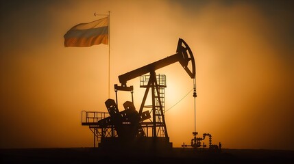 Silhouetted Oil Drilling Pump Jack Against Dramatic Sunset Landscape