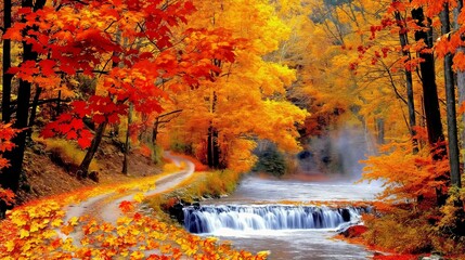 Autumn Forest with River and Waterfall