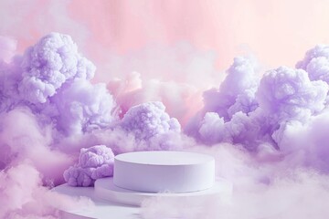 A white circular podium sits in the center of a soft lavender cloud backdrop, with delicate pink and white hues in the background