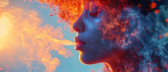 Abstract portrait of a woman with fire and smoke.