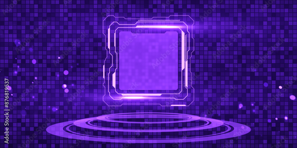 Aufkleber Empty purple digital screen on dark background with pedestal. Big data and internet ad concept. Mock up place for your advertisement. 3D Rendering.