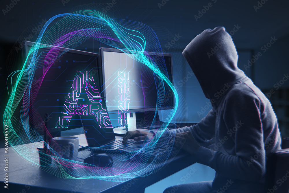 Fototapete Side view of hacker at desk using computer with creative digital tech circle on blurry dark office background. Big data, hacking and technology concept. Double exposure.