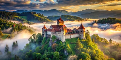 Fototapeta premium Majestic medieval fortress situated on a hilltop, surrounded by misty mountains and lush green forests, its towers and turrets piercing the eerie Transylvanian sky.