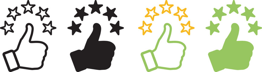 Thumb up with five star satisfaction rating. Set of customer experience flat vector icons for apps and websites