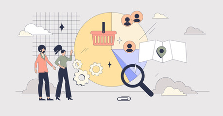 Market segmentation with social division tiny person neubrutalism concept. Behavioral, demographic, psychographic and geographic classification for effective targeted marketing vector illustration.