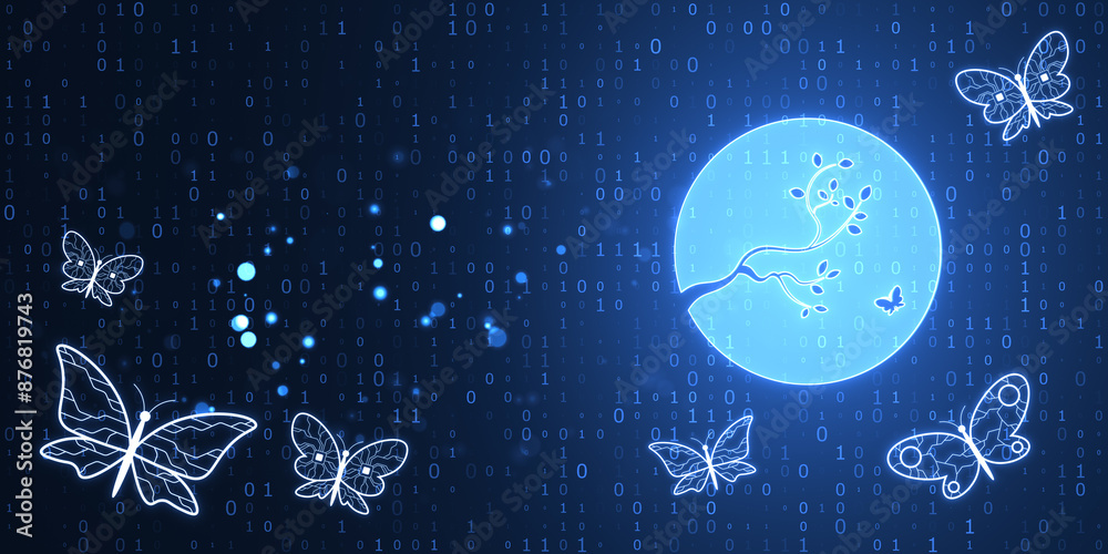 Poster Creative binary coding backdrop with nature and butterflies. AI art and innovation concept. 3D Rendering.