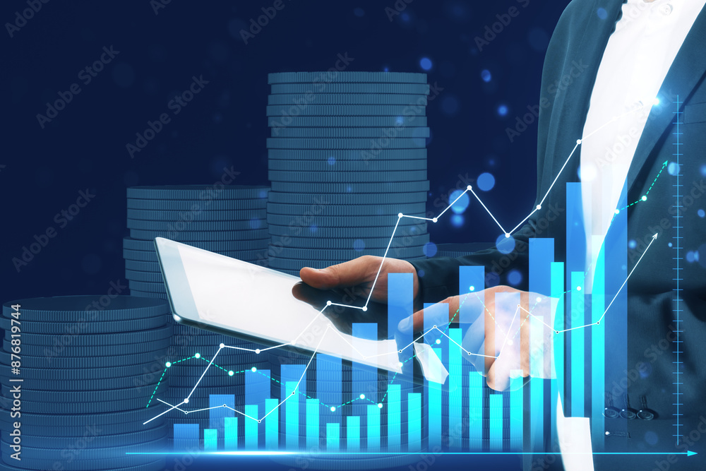 Poster close up of businessman hand using tablet with glowing growing business chart on blurry bokeh backgr